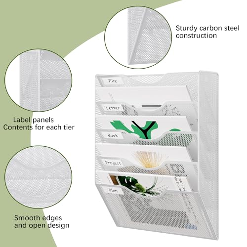 EasyPAG 5 Pocket Mesh Hanging Wall File Organizer, Easily File Managment and Classification, Space Saving Wall Mount Filing Holder for Office Home Classroom, White - Image 4