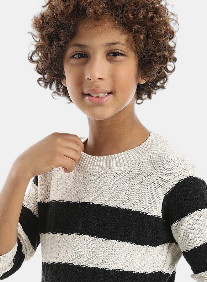 Andora Knitted Strapped Self Patterened Crew Neck Pullover _ Black & Creamy - Image 4