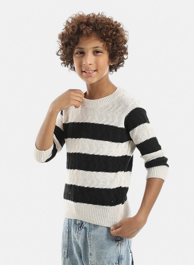 Andora Knitted Strapped Self Patterened Crew Neck Pullover _ Black & Creamy - Image 2