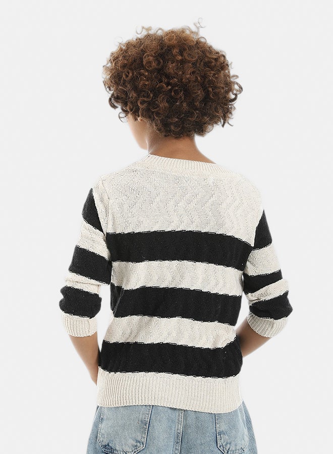 Andora Knitted Strapped Self Patterened Crew Neck Pullover _ Black & Creamy - Image 3