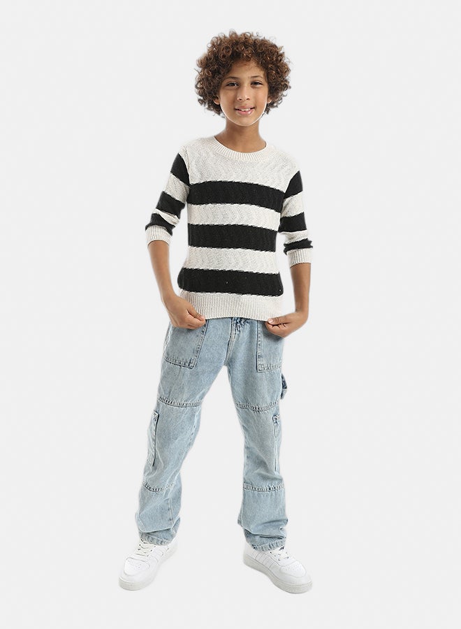 Andora Knitted Strapped Self Patterened Crew Neck Pullover _ Black & Creamy - Image 5