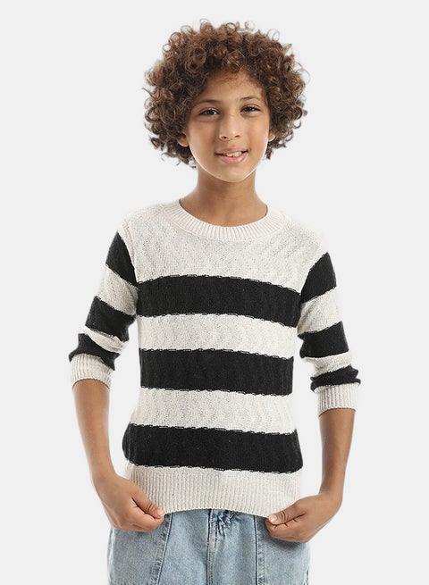 Knitted Strapped Self Patterened Crew Neck Pullover _ Black & Creamy