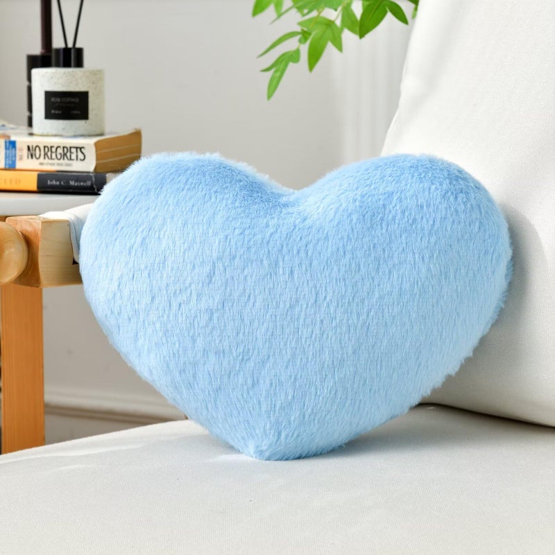 IREMATE Heart Pillow Blue Throw Pillows Decorative Pillows for Bed Couch Cute Faux Rabbit Fur Small Pillow for Women Valentine Anniversary Fall Halloween Christmas Home Decor (Mini, 13"x10") - Image 1