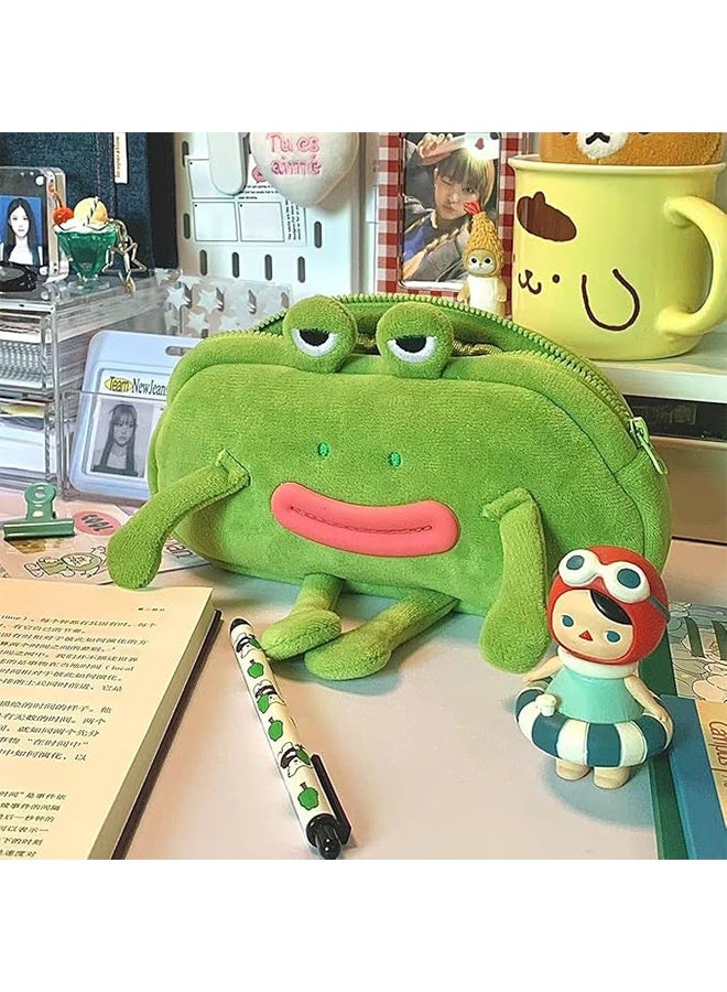 حقيبة أقلام بتصميم ضفدع، بتصميم مرح ومبتكر، بتصميم كابيبارا بني، عيون واسعة، طائر نورس، فم كبير، ضفدع أخضر، سطح ناعم محشو، ملابس رقيقة، حافظة أقلام بسحاب، حافظة أقلام، حامل تخزين أقلام، حقيبة أقلام - ضفدع - Image 2