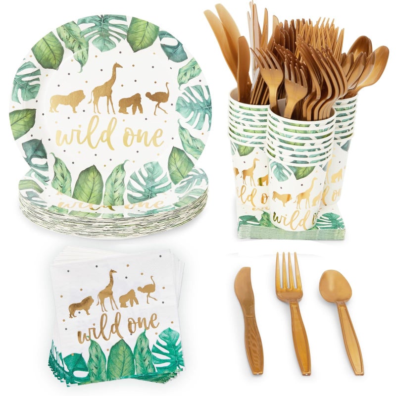 144 Piece Wild One Party Supplies for First Birthday Decorations with Safari Plates Napkins Cups and Cutlery Serves 24