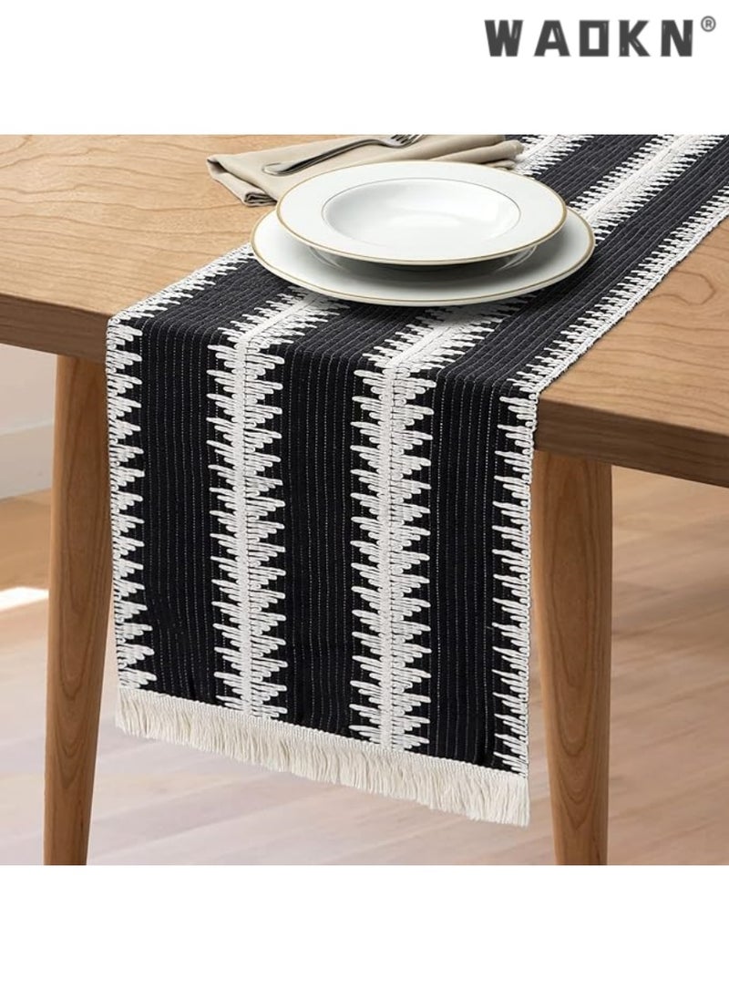 WAOKN Table Runner, 30 * 180 CM Burlap Table Runner Balck and White for Modern Farmhouse Decor, Natural Cotton Woven Runner with Tassels for Wedding Party Farmhouse Dining Table Decor  - Image 1