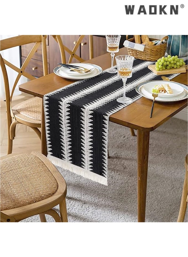 WAOKN Table Runner, 30 * 180 CM Burlap Table Runner Balck and White for Modern Farmhouse Decor, Natural Cotton Woven Runner with Tassels for Wedding Party Farmhouse Dining Table Decor  - Image 2