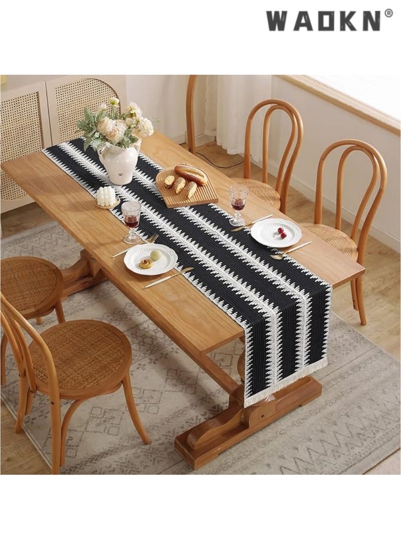 WAOKN Table Runner, 30 * 180 CM Burlap Table Runner Balck and White for Modern Farmhouse Decor, Natural Cotton Woven Runner with Tassels for Wedding Party Farmhouse Dining Table Decor  - Image 3