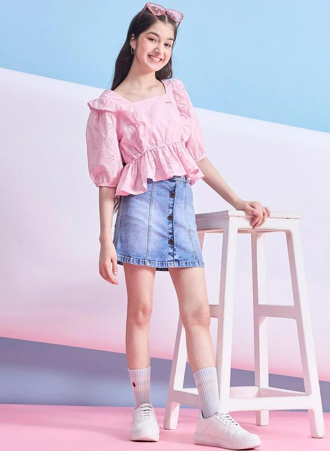 ستايلو بج Schiffli Square Neck Ruffled Peplum Top by Styli