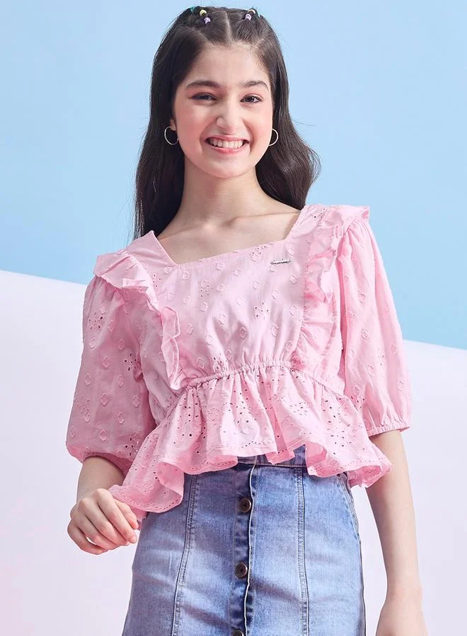 ستايلو بج Schiffli Square Neck Ruffled Peplum Top by Styli