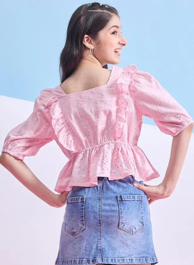 ستايلو بج Schiffli Square Neck Ruffled Peplum Top by Styli