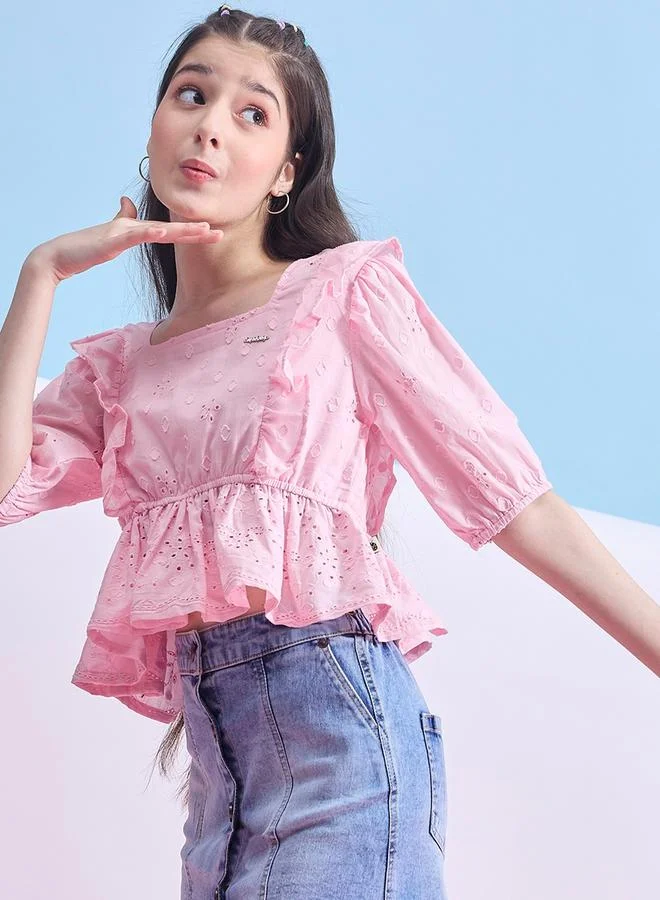 ستايلو بج Schiffli Square Neck Ruffled Peplum Top by Styli