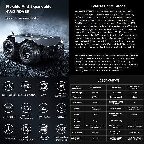 Waveshare Wave Rover Flexible and Expandable 4WD Mobile Robot Chassis, Full Metal Body, Multiple Hosts Support, with Onboard ESP32 Module - Image 3