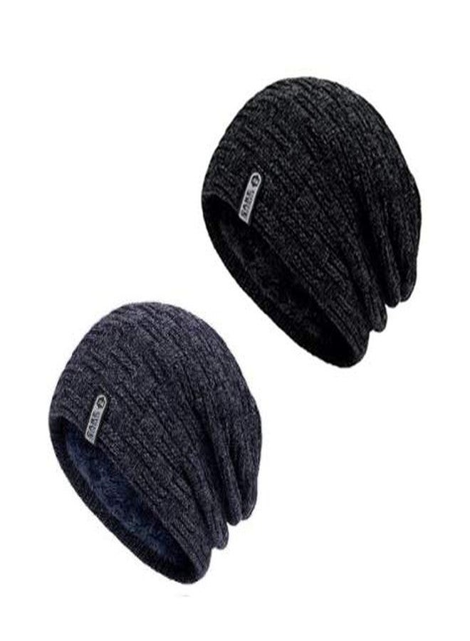 CLOTHERA قبعة شتوية من قطعتين من كلوثيرا (واحدة سوداء وواحدة زرقاء داكنة) للرجال والنساء، قبعة محبوكة مبطنة بالفرو الدافئ - Image 1