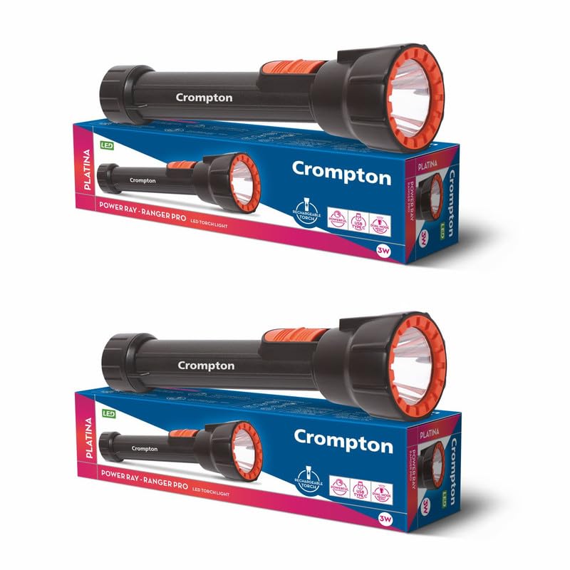 Crompton Ranger Pro Rechargeable LED Torch Light with USB Type-C Charging | Dual Mode Lighting (Black & Orange, Pack of 2) - Image 1