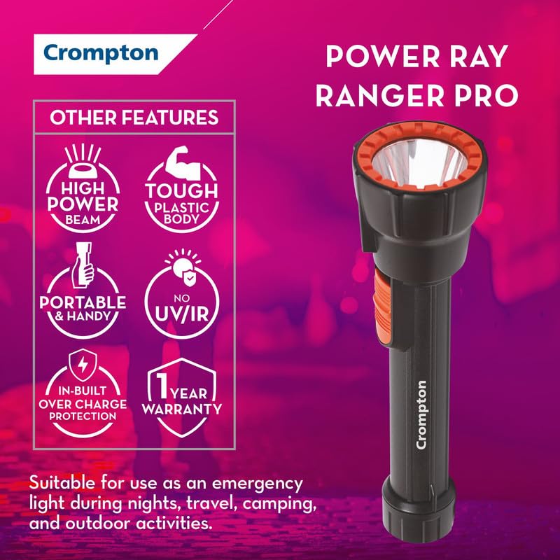 Crompton Ranger Pro Rechargeable LED Torch Light with USB Type-C Charging | Dual Mode Lighting (Black & Orange, Pack of 2) - Image 3