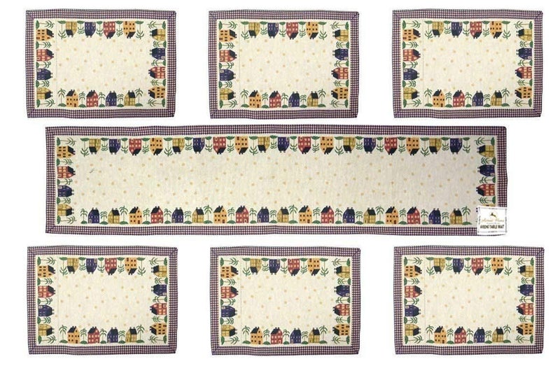 Home Decor Kart Home Decor Kart Export Quality Jacquard Cotton Hut Design Dining Table Mats with Runner 1 Runner and 6 Mats Mats 125 x 19 Inch Table Runner 54 x 13Inch 5 Set of 7 - Image 2