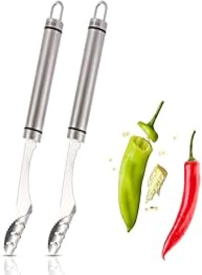 2Pcs Pepper Corer, Stainless Steel Jalapeno Pepper Corer Vegetable Seed Remover with Serrated Slice and Handle Core Deseeder for Peppers
