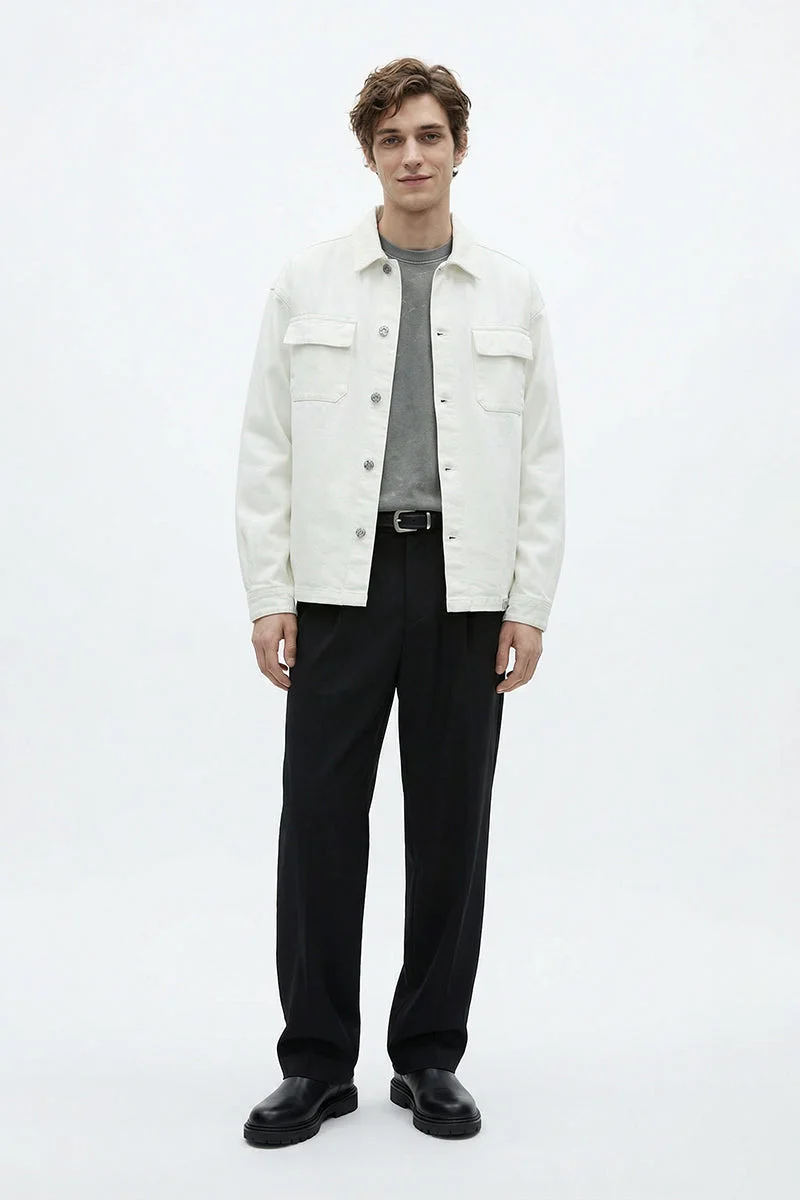 سنيتش White Solid Long Sleeve Relaxed Streetwear Jacket