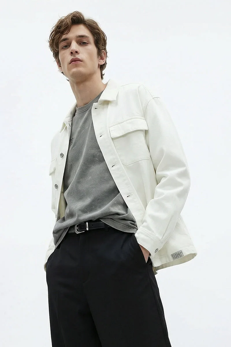 سنيتش White Solid Long Sleeve Relaxed Streetwear Jacket