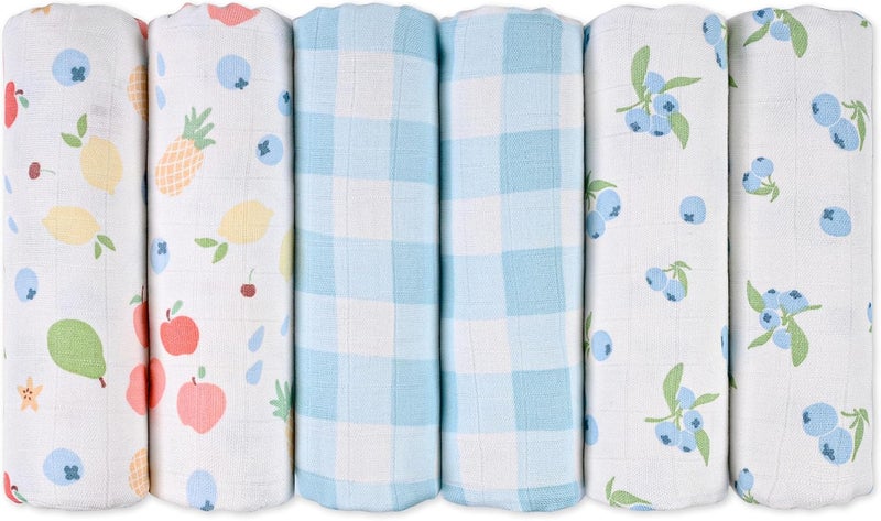 6 Pack Muslin Swaddle Blankets - Azure Berry Dream - Image 1