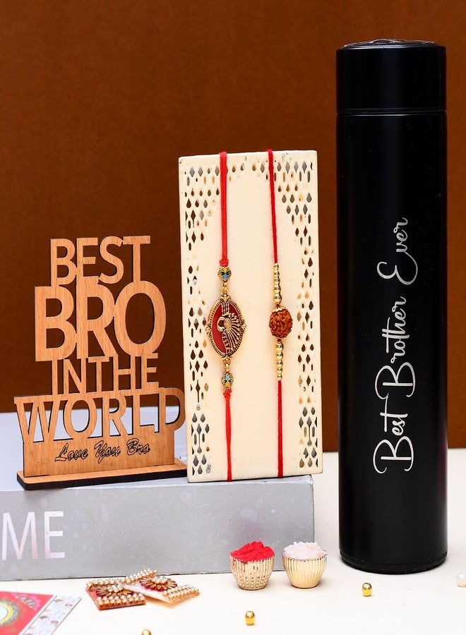 Pride Store Boy's Rakhi For Brother, Pack Of 2 Rakhi With Temperature Bottle, Showpiece, Tilak Pack, Greeting Card Gift Combo Set | Best Rakhi Gift For Brother (Art D) - Image 1