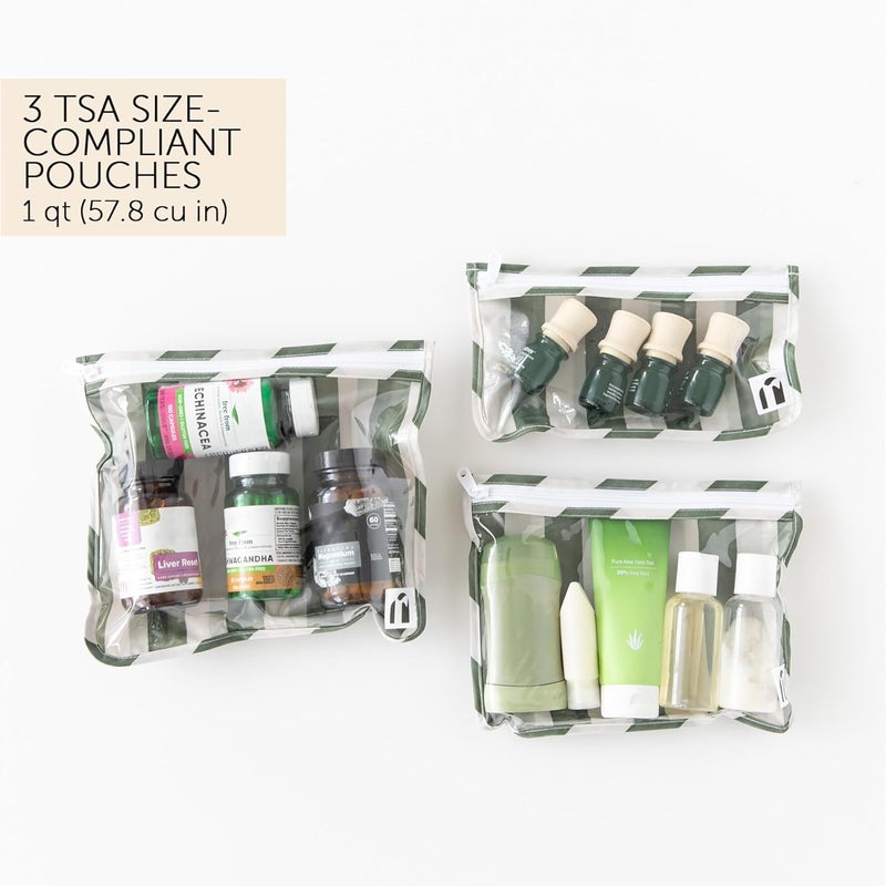 BUMKiNs Roamio Travel Bag, Toiletry, TSA Approved Pouch, Zip Quart Size Airline Compliant, Clear-Sided, Baby, Diaper Bag Organization, Makeup, Accessories, Carry On Packing, Set of 3 Sizes, Green Stripe - Image 3
