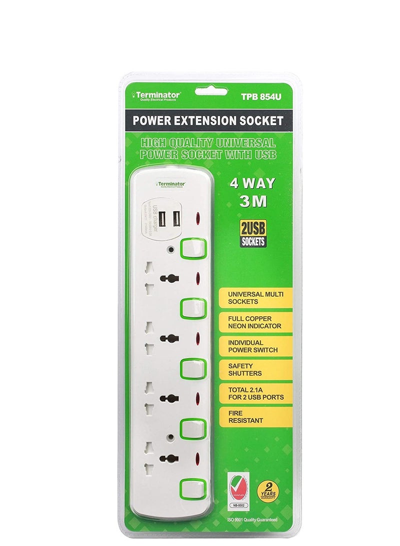 Terminator 4 Way Universal Power Socket With 2 USB - Image 2