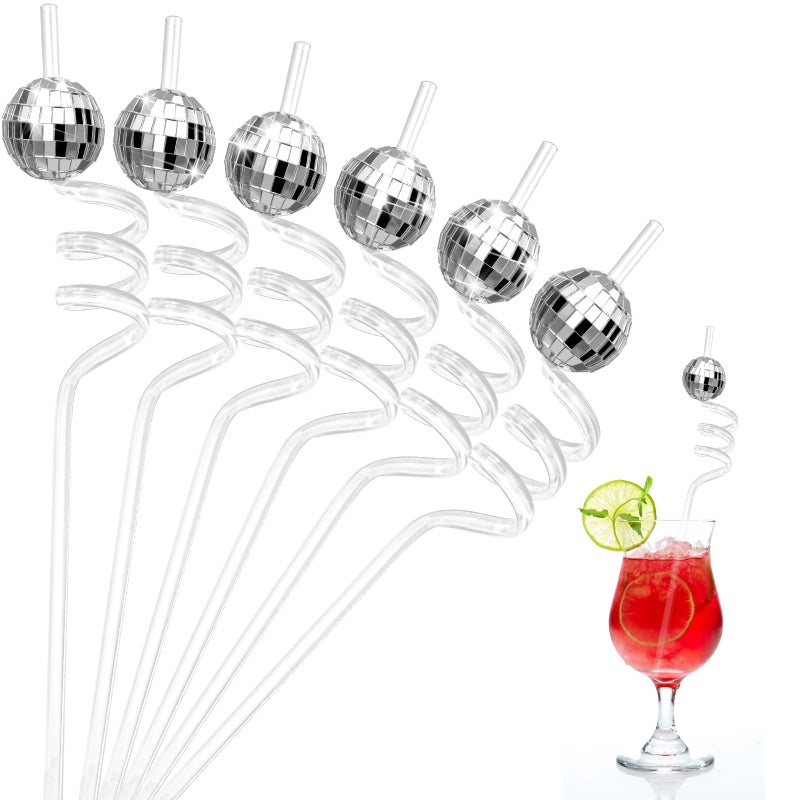 Chengu 12 Pieces 70s Disco Ball Straws Mirror Disco Party Favors Silver 70s Ball Cups Decorative Straws Retro Decorations for Bachelorette Dance Party Wedding Wedding Birthday Supplies