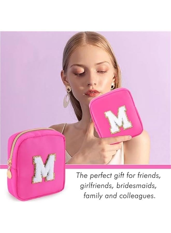 Initial Nylon Makeup Bag Small Personalized Chenille Letter Cosmetic Bag Preppy Travel Cute Makeup Pouch Portable Waterproof Toiletry Organizer with Zipper for Women  Gift (Rose M) - Image 5