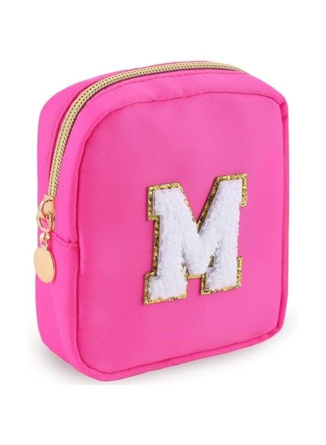 Initial Nylon Makeup Bag Small Personalized Chenille Letter Cosmetic Bag Preppy Travel Cute Makeup Pouch Portable Waterproof Toiletry Organizer with Zipper for Women  Gift (Rose M) - Image 1