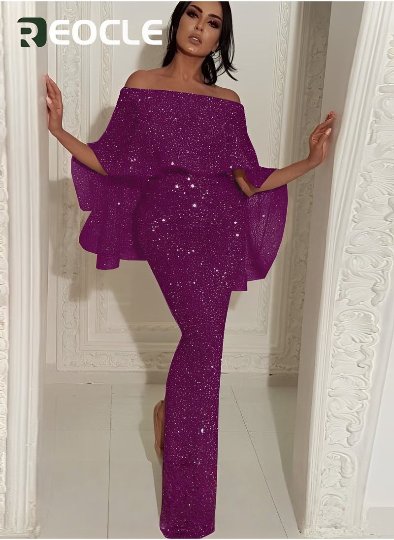 One-shoulder Dress Evening Dress Large Ruffled Shawl Design on The Back Slim Fit Elegant Glittering Evening Dress