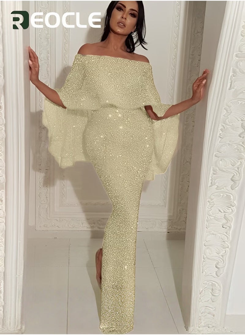 One-shoulder Dress Evening Dress Large Ruffled Shawl Design on The Back Slim Fit Elegant Glittering Evening Dress