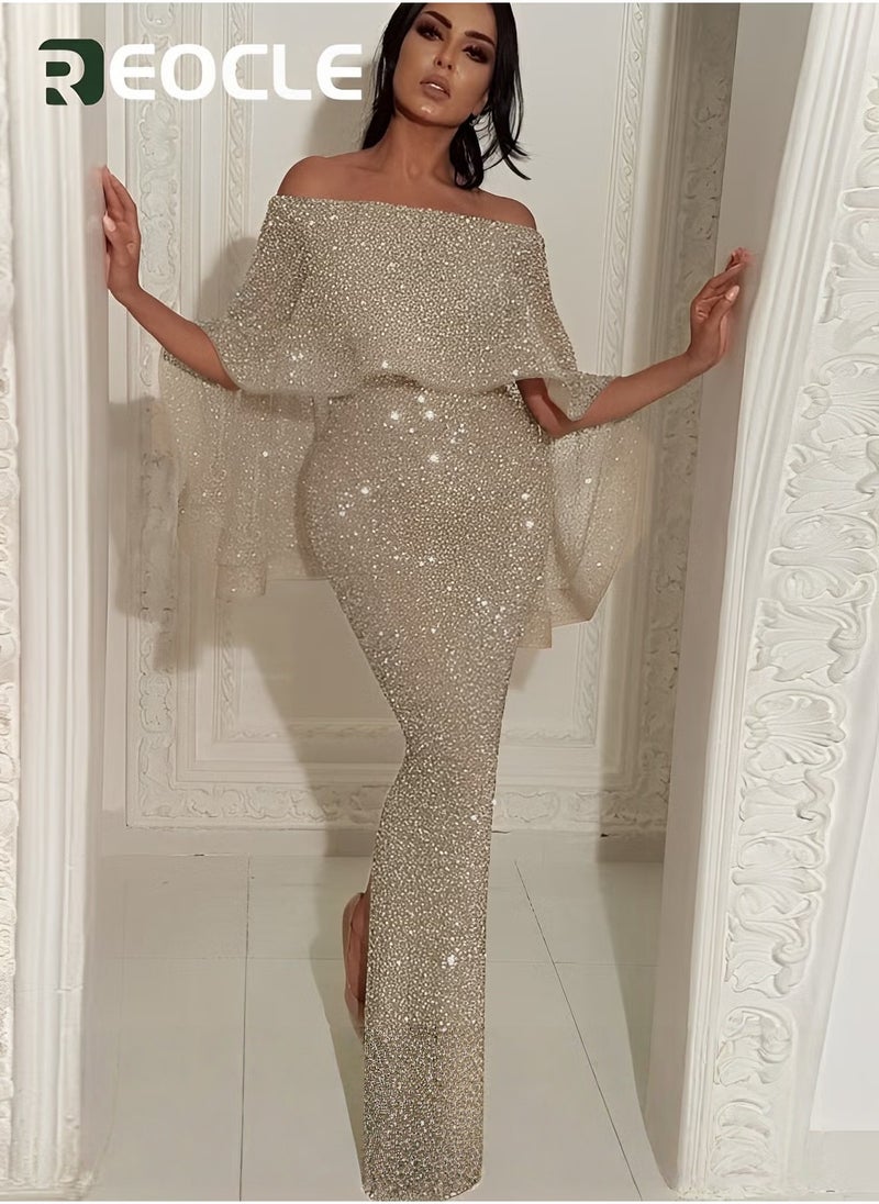 One-shoulder Dress Evening Dress Large Ruffled Shawl Design on The Back Slim Fit Elegant Glittering Evening Dress