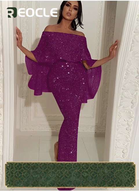 One-shoulder Dress Evening Dress Large Ruffled Shawl Design on The Back Slim Fit Elegant Glittering Evening Dress