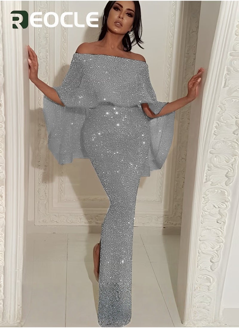 One-shoulder Dress Evening Dress Large Ruffled Shawl Design on The Back Slim Fit Elegant Glittering Evening Dress