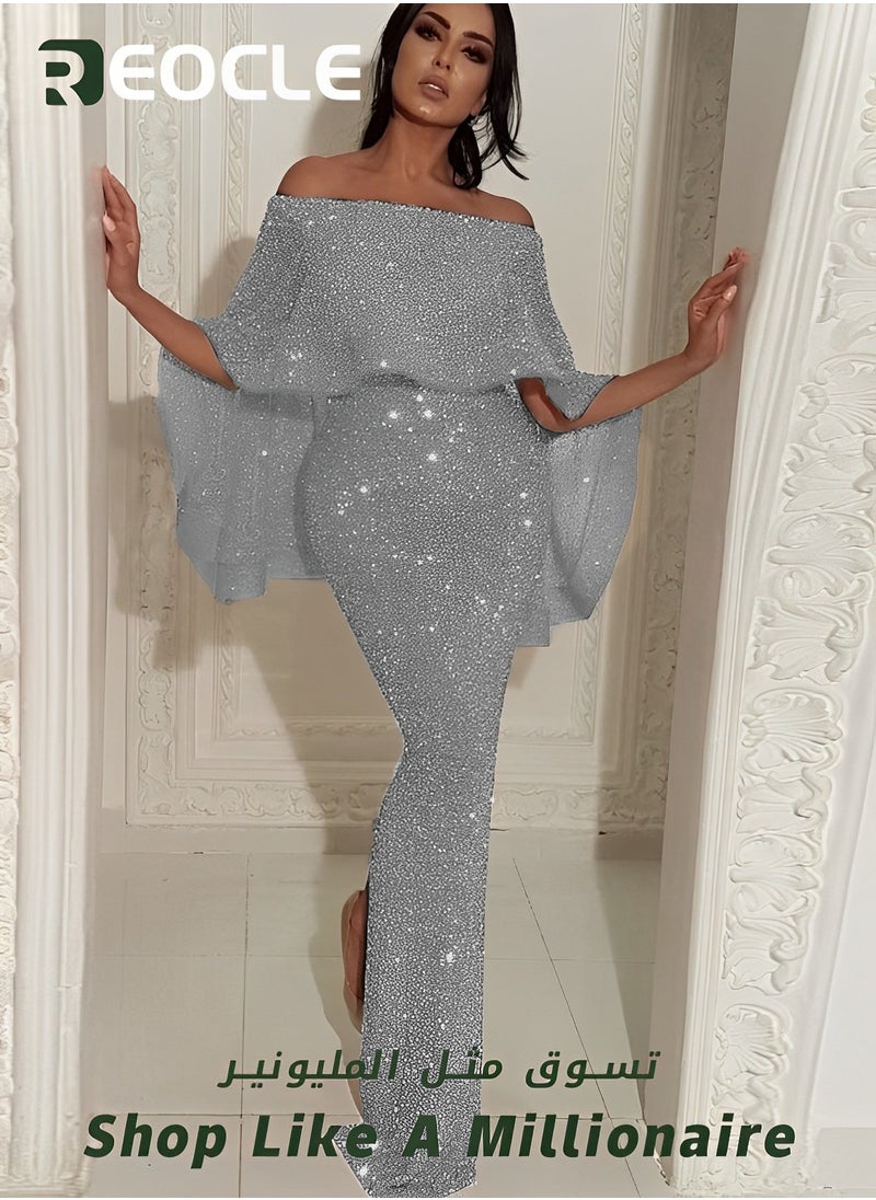 REOCLE - One-shoulder Dress Evening Dress Large Ruffled Shawl Design on The Back Slim Fit Elegant Glittering Evening Dress - Image 1