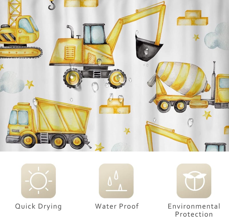 Riyidecor Boys Construction Shower Curtain 60Wx72H Inch Watercolor Yellow Cartoon Tractor Truck Excavator White Cloud Kids Child Nursery Funny Bathroom Decor Fabric Polyester Waterproof 12 Pack Hooks - Image 5