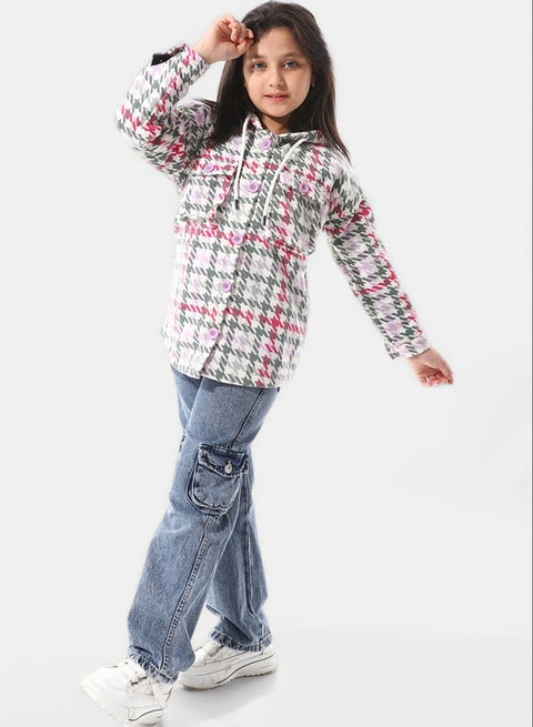 Houndstooth Pattern Hooded Girls Jacket
