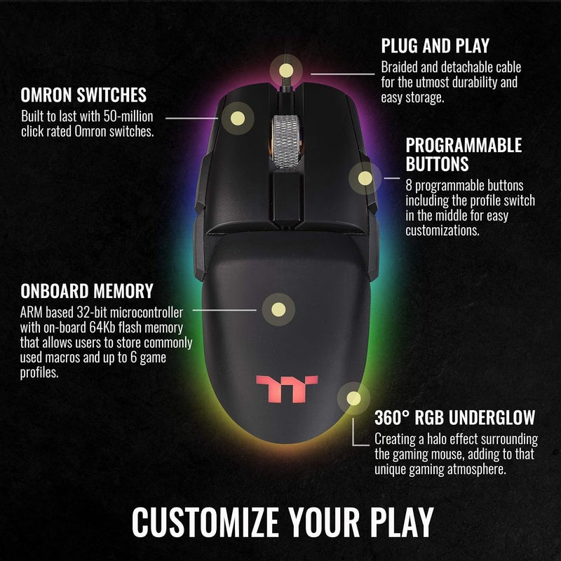 Thermaltake Argent M5 Gaming Mouse 168M RGB Color Software Enabled 8 Customizable Dynamic Lighting Effects PIXART PMW3389 Optical Sensor DPI Adjustments Up to 16000 GMOTMFWDOOBK01 - Image 5