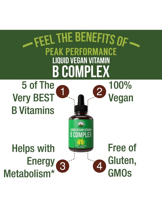 Peak Performance - B Complex Liquid Drops Vegan Supplement. Best 5 B Vitamins With B3 Niacin B6 B7 Biotin B9 Folate Methylcobalamin B12. Bcomplex For Hair Skin Nails Energy. For Adults Men Women - Image 1