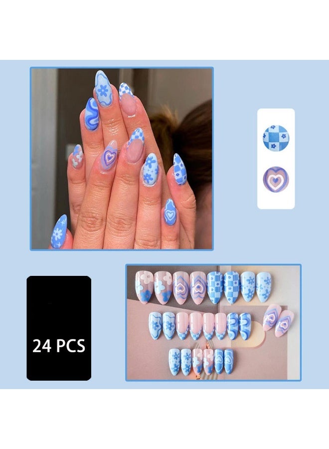 Ucanbe 24pcs Blue Short Almond Press-On Nails with Heart & Stripe Design – Glossy Artificial Nail Kit with Adhesive Stickers & Nail File - Image 1