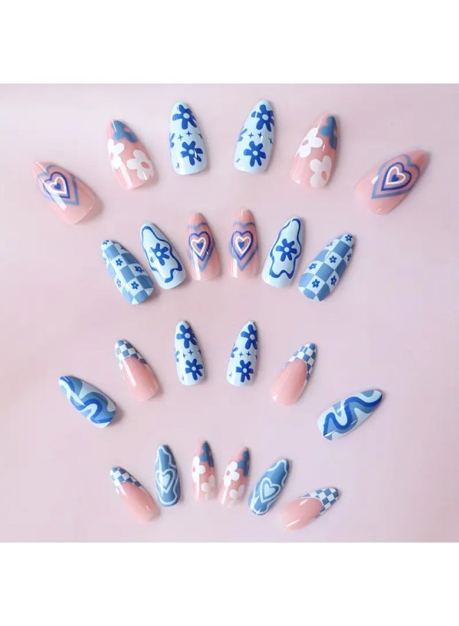 Ucanbe 24pcs Blue Short Almond Press-On Nails with Heart & Stripe Design – Glossy Artificial Nail Kit with Adhesive Stickers & Nail File - Image 3