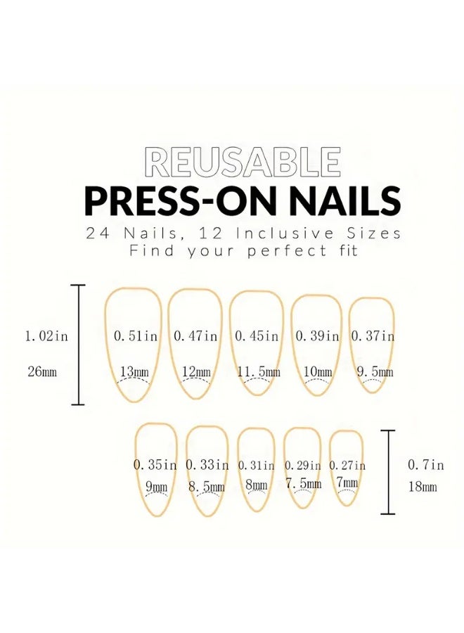 Ucanbe 24pcs Blue Short Almond Press-On Nails with Heart & Stripe Design – Glossy Artificial Nail Kit with Adhesive Stickers & Nail File - Image 4