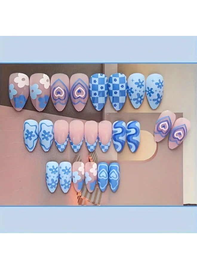 Ucanbe 24pcs Blue Short Almond Press-On Nails with Heart & Stripe Design – Glossy Artificial Nail Kit with Adhesive Stickers & Nail File - Image 2