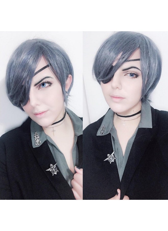 Probeauty Probeauty Dark Blue Cosplay Wig with Eye Pad, Mix Color Short Straight Male Halloween Costume Wig + Wig Cap for Men Boys  - Image 2
