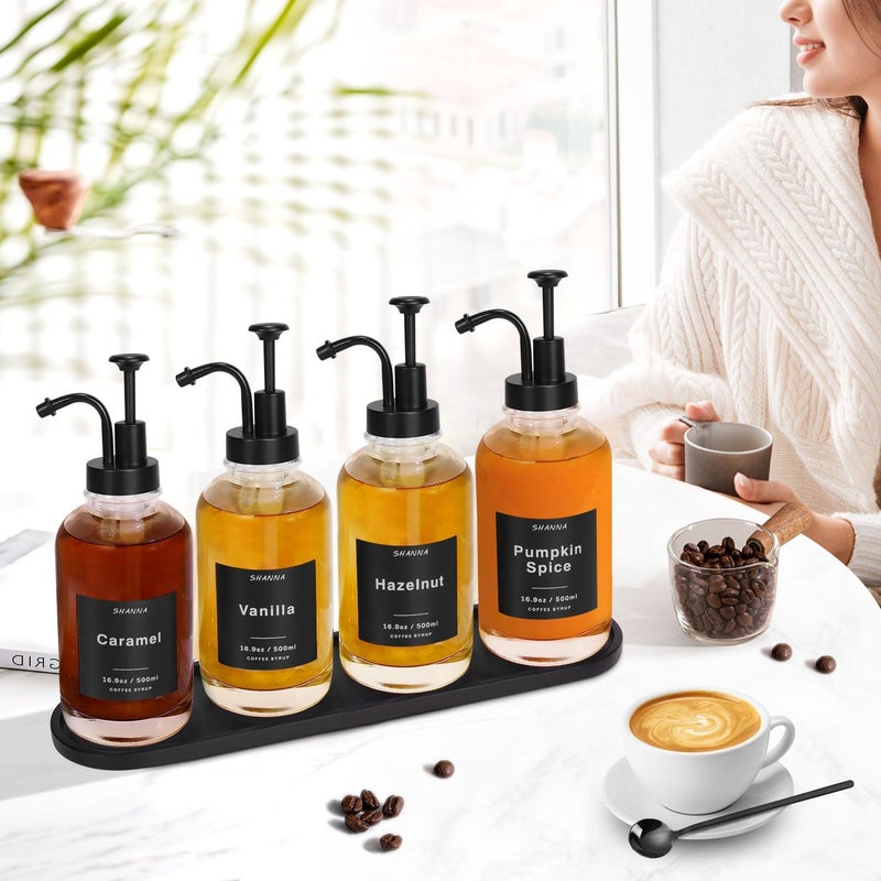SHANNA Coffee Syrup Dispenser for Coffee Bar, 16.9oz 500ml Glass Syrup Dispenser w Black Coffee Scoop, Coffee Syrup Pump Dispenser w 36 Labels and Bamboo Tray, Coffee Syrup Bottles with Black Pump, 4PCS - Image 3