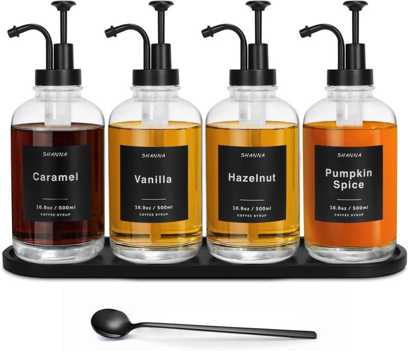 SHANNA Coffee Syrup Dispenser for Coffee Bar, 16.9oz 500ml Glass Syrup Dispenser w Black Coffee Scoop, Coffee Syrup Pump Dispenser w 36 Labels and Bamboo Tray, Coffee Syrup Bottles with Black Pump, 4PCS - Image 1