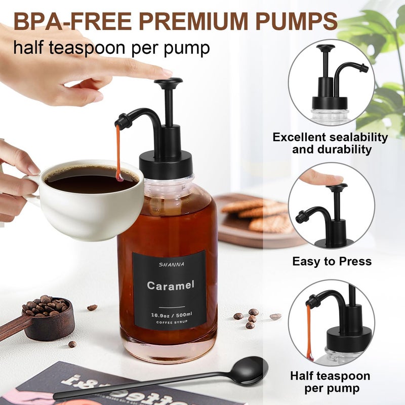 SHANNA Coffee Syrup Dispenser for Coffee Bar, 16.9oz 500ml Glass Syrup Dispenser w Black Coffee Scoop, Coffee Syrup Pump Dispenser w 36 Labels and Bamboo Tray, Coffee Syrup Bottles with Black Pump, 4PCS - Image 4