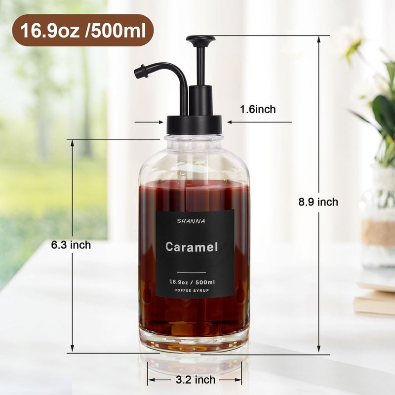 SHANNA Coffee Syrup Dispenser for Coffee Bar, 16.9oz 500ml Glass Syrup Dispenser w Black Coffee Scoop, Coffee Syrup Pump Dispenser w 36 Labels and Bamboo Tray, Coffee Syrup Bottles with Black Pump, 4PCS - Image 5